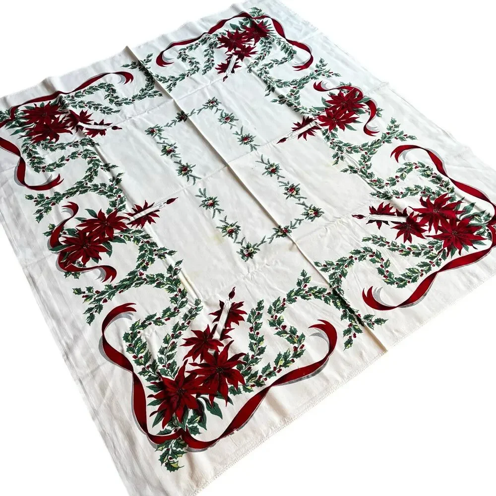 Vintage Christmas Tablecloth printed cotton white red poinsettias holly FLAWS
